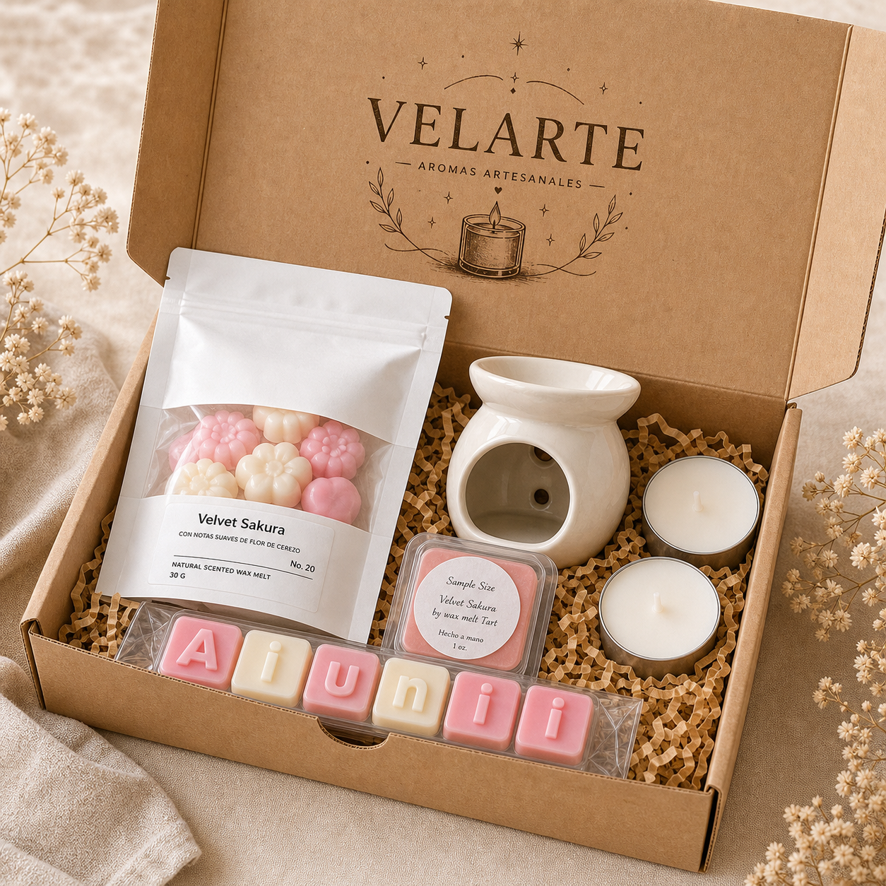 Caja regalo VELARTE con wax melts, quemador y detalle personalizado